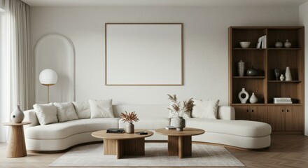 Minimalist living room, curved white sofa, round coffee tables, arched window, white brick wall, large blank canvas, dried pampas grass, spherical pendant light, beige tones, natural light, Scandinavi