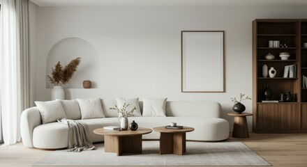 Minimalist living room, curved white sofa, round coffee tables, arched window, white brick wall, large blank canvas, dried pampas grass, spherical pendant light, beige tones, natural light, Scandinavi