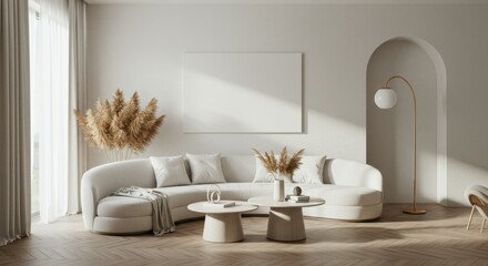 Scandinavian living room, minimalist interior design, neutral color palette, light gray sofa, wooden armchairs, beige cushions, potted plant, empty picture frames, natural light, hardwood floor, coffe