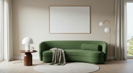 Fototapeta premium Modern minimalist interior, curved green velvet sofa, white textured wall art, mushroom-shaped table lamps, wooden floor, large window, natural light, soft shadows, muted color palette, clean lines, c