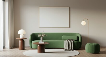 Modern minimalist interior, curved green velvet sofa, white textured wall art, mushroom-shaped table lamps, wooden floor, large window, natural light, soft shadows, muted color palette, clean lines, c