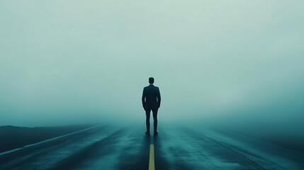 Obraz premium Pensive businessman standing at a road that disappears into dense fog symbolizing uncertainty and business decision-making