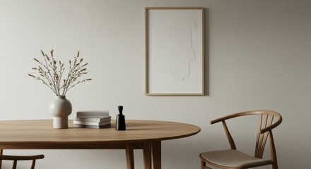 Minimalist interior, Scandinavian design, wooden table, beige chair, white vase with branches, framed abstract art, neutral color palette, soft lighting, clean lines, textured wall, cozy atmosphere, m
