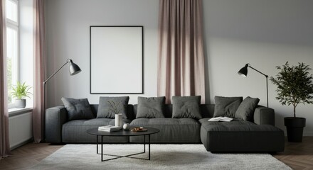 Modern living room, minimalist interior design, gray sectional sofa, black coffee table, framed artwork, floor lamp, potted plant, window with curtains, neutral color palette, cozy atmosphere, Scandin
