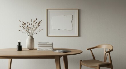 Minimalist interior, Scandinavian design, wooden table, beige chair, white vase with branches, framed abstract art, neutral color palette, soft lighting, clean lines, textured wall, cozy atmosphere, m