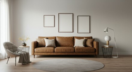 modern minimalist living room, tan leather sofa, white walls, empty picture frames, pendant light, round side table, textured carpet, muted color palette, Scandinavian design, cozy throw blanket, pott