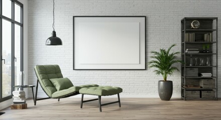 modern living room, minimalist interior, green velvet armchair, ottoman, white brick wall, large empty canvas, black floor lamp, potted plant, wooden floor, industrial bookshelf, natural light, loft s