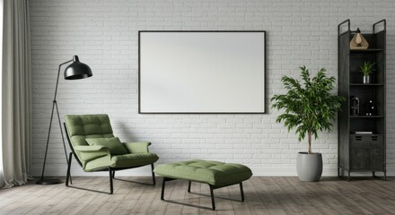 modern living room, minimalist interior, green velvet armchair, ottoman, white brick wall, large empty canvas, black floor lamp, potted plant, wooden floor, industrial bookshelf, natural light, loft s