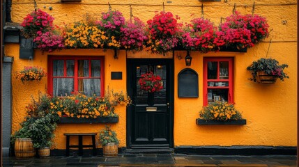 Colorful Flowers Adorn a Charming Yellow Building