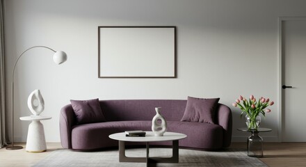 Modern living room, minimalist interior design, plum velvet sofa, white walls, large blank canvas artwork, sleek coffee table, green plant centerpiece, round mirror, pendant light, grey flooring, subt