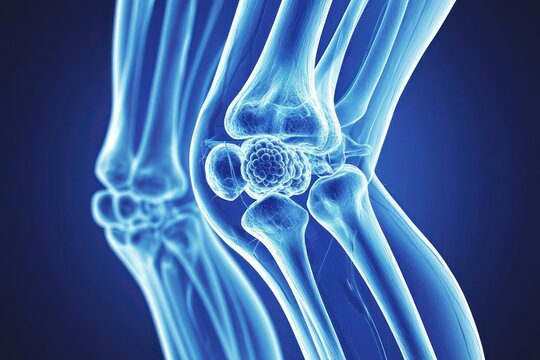 Detailed medical illustration of a knee joint affected by bone cancer with osteosarcoma focus.