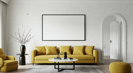 Modern living room, minimalist interior design, white brick walls, yellow sofa, round coffee table, large empty picture frame, arched doorway, natural light, hardwood floors, potted plant, stylish dec