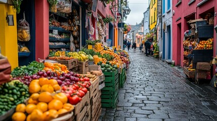 Fototapeta premium Colorful Street Market Displays Fresh Produce Abundantly