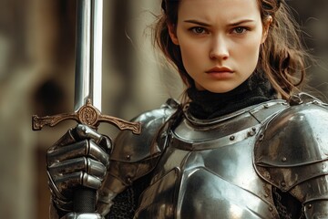 A Female Knight Holds A Medieval Sword