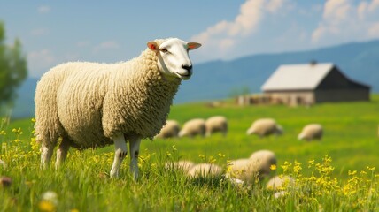 Naklejka premium Sheep farm livestock modern concept. A sheep stands prominently in a lush green field, with several others grazing nearby, against a backdrop of mountains and a rustic barn.