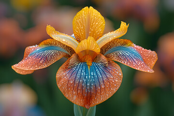 A vibrant painting of irises in various shades of purple and yellow, capturing the essence of a summer garden.