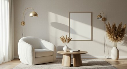 Elegant interior design, classic wall paneling, minimalist decor, white and gold color scheme, round black velvet ottomans, abstract wall art, modern sconce lighting, symmetrical composition, luxuriou