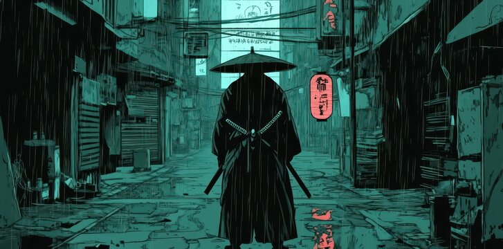 A lone samurai stands in a rainy cyberpunk styled street