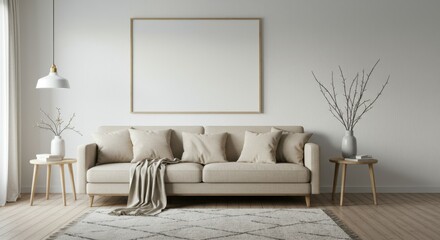 Fototapeta premium Minimalist living room, neutral color palette, beige sofa, white brick wall, pendant lamp, side table, vase with branches, throw blanket, cozy interior, natural light, Scandinavian design, modern deco