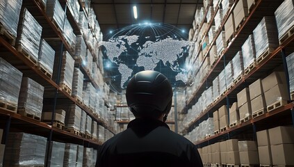 Warehouse worker looking at global network projection