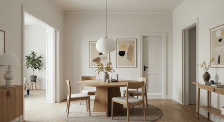 Fototapeta premium Minimalist dining room, white brick wall, large empty frame, wooden table and chairs, track lighting, vase with branches, neutral color palette, Scandinavian design, clean lines, spacious interior, na