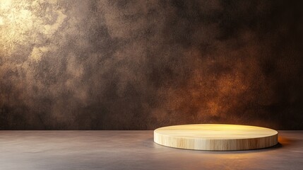 Minimalist wooden display platform illuminated against a textured dark wall, ideal for product showcasing