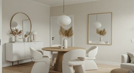 Minimalist dining room, white brick wall, large empty frame, wooden table and chairs, track lighting, vase with branches, neutral color palette, Scandinavian design, clean lines, spacious interior, na