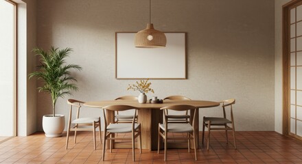 Minimalist dining room, Scandinavian design, wooden table, wishbone chairs, pendant light, potted plant, neutral tones, warm lighting, parquet flooring, textured wall, mid-century modern sideboard, se