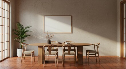Fototapeta premium Minimalist dining room, Scandinavian design, wooden table, wishbone chairs, pendant light, potted plant, neutral tones, warm lighting, parquet flooring, textured wall, mid-century modern sideboard, se