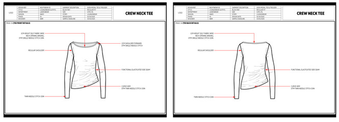 Women Nightwear Wide Neck Long Sleeve Curve Hem T-shirt Fashion Design Technical Tech Pack.