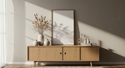 Minimalist interior, wooden sideboard, ceramic vase with dried branches, white wall, dramatic shadows, Scandinavian design, natural light, neutral tones, clean lines, zen atmosphere, architectural ren