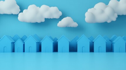 Bright Blue Houses with Clouds in a Minimalist Style for Modern Home Concepts