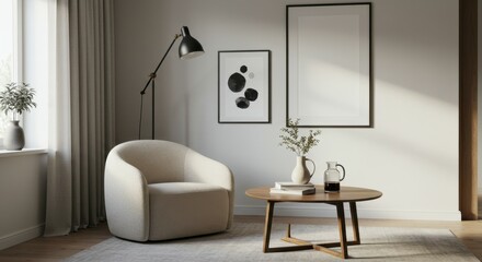 Minimalist living room, curved beige armchair, wooden round coffee table, floor lamp, framed mirror, white curtains, large window, natural light, beige rug, neutral color palette, contemporary interio