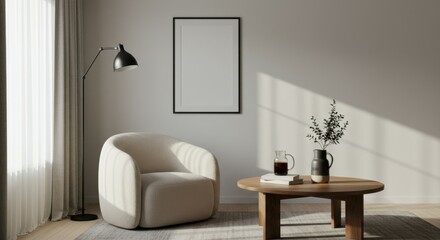 Minimalist living room, curved beige armchair, wooden round coffee table, floor lamp, framed mirror, white curtains, large window, natural light, beige rug, neutral color palette, contemporary interio
