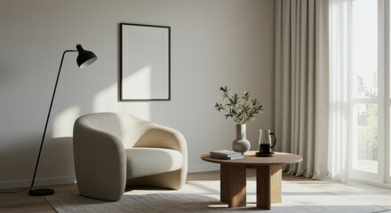 Minimalist living room, curved beige armchair, wooden round coffee table, floor lamp, framed mirror, white curtains, large window, natural light, beige rug, neutral color palette, contemporary interio
