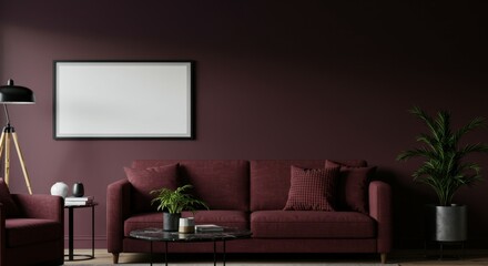 dark moody interior, burgundy velvet sofa, blank white canvas on wall, modern living room, potted plant, round coffee table, wall sconce, dark purple walls, hardwood floor, minimalist decor, atmospher