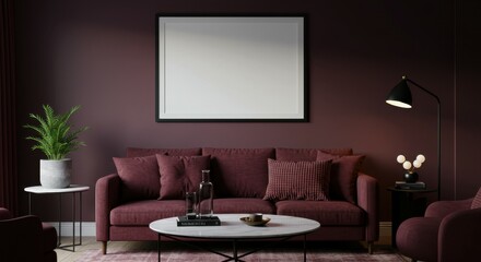 dark moody interior, burgundy velvet sofa, blank white canvas on wall, modern living room, potted plant, round coffee table, wall sconce, dark purple walls, hardwood floor, minimalist decor, atmospher