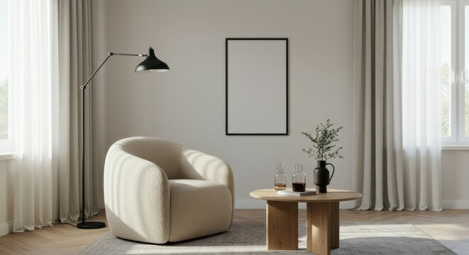 Minimalist living room, curved beige armchair, wooden round coffee table, floor lamp, framed mirror, white curtains, large window, natural light, beige rug, neutral color palette, contemporary interio