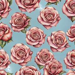 elegant seamless pattern featuring hand-drawn pink roses on a soft blue background. ideal for textile, wallpaper, or any design project needing a romantic, floral touch.