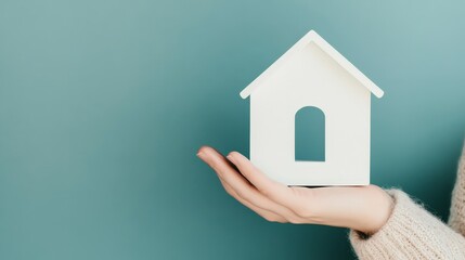 Hand Holding White House Model on Soft Blue Background for Home and Real Estate Concepts