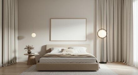 Minimalist bedroom interior, neutral tones, beige and cream colors, large upholstered headboard, white bedding, curved floor lamp, abstract wall art, curtains, cozy atmosphere, soft lighting, contempo
