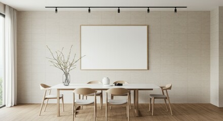 Modern minimalist dining room, white brick wall, large blank canvas, wooden dining table, mid-century chairs, track lighting, ceramic vases with branches, neutral color palette, open space, contempora