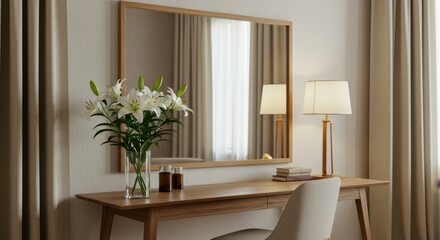 Elegant console table, large mirror with wooden frame, white floral arrangement in glass vase, beige table lamp, neutral tones, modern interior design, textured wallpaper, minimalist decor, soft natur