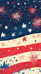 American flag inspired illustration with fireworks and star elements