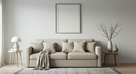 minimalist living room, neutral color palette, beige sofa, white walls, blank frame above couch, decorative tree branch, side tables, throw pillows, cozy blanket, natural light, clean lines, modern de