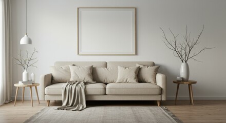 Minimalist living room, neutral color palette, beige sofa, white walls, blank frame above couch, decorative tree branch, side tables, throw pillows, cozy blanket, natural light, clean lines, modern de