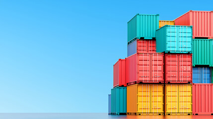 Fototapeta premium Stacked Colorful Shipping Containers Against Blue Sky