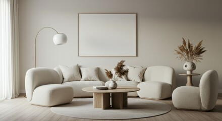 Minimalist living room, neutral color palette, beige sofa, white walls, blank frame above couch, decorative tree branch, side tables, throw pillows, cozy blanket, natural light, clean lines, modern de