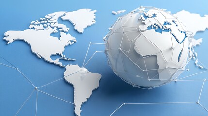 3D White Globe on Light Blue Background with World Map and Interconnected Lines