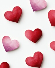 Fototapeta premium Colorful paper hearts scattered on a white background, perfect for love-themed designs and romantic occasions.